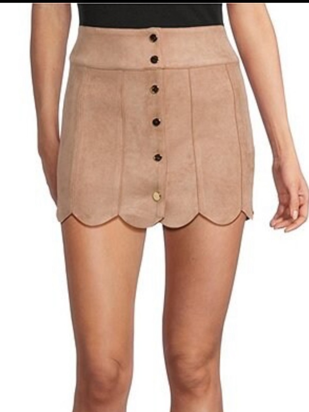 Katie J NYC Scalloped Faux Suede Mini Skirt - Tan